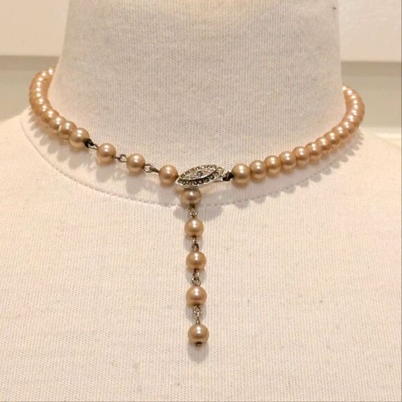 Lovely Antique Faux Champagne Glass Pearl Necklace with Paste Stone Hook Clasp - Picture 1 of 8